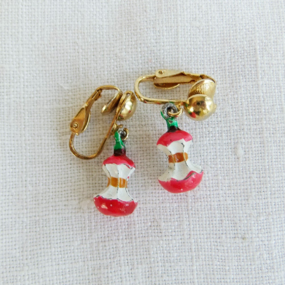 Pair Vintage Apple Core Earrings clip on, painted metal