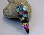Dichroic Heart Pendant, Long Thin Heart, Fused Glass Pendant, Frit Dichroic Pendant, Black, Pink, Green Cyan, Glass Jewelry