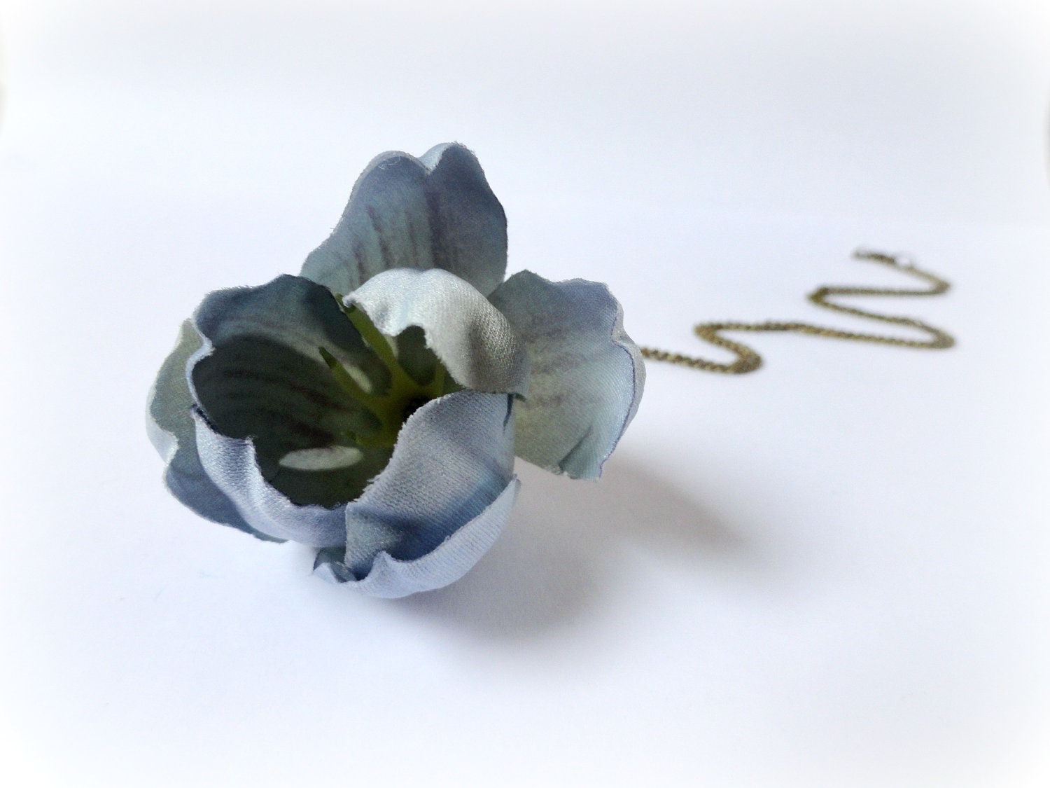 Periwinkle tulip Flower - Botanical silk fabric necklace Teal grey turquoise aqua blue petals Gift for her.Nature lover
