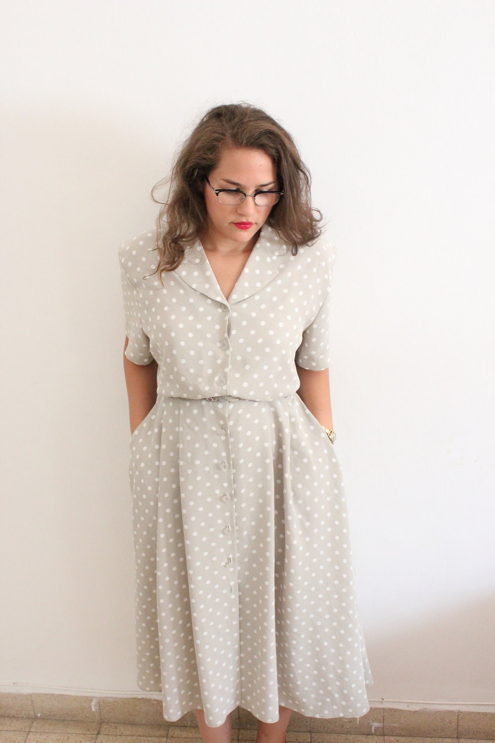 Pale Grey and White Polka Dot Dress With pockets Large XL