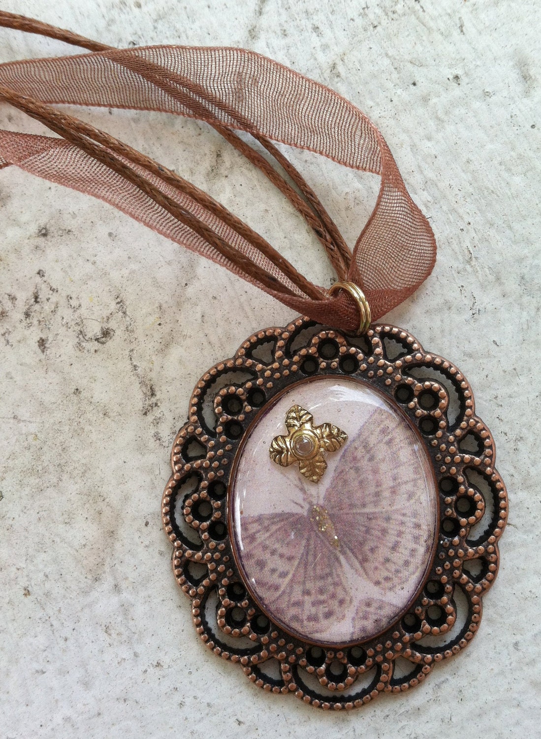 Butterfly with Gold Leaves Steampunk Filigree Cabochon Necklace