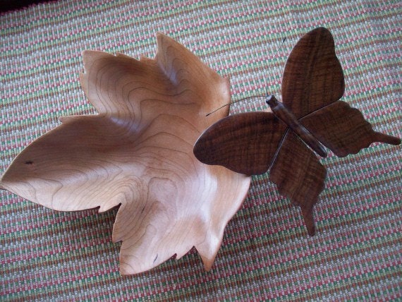 Reserved for Laura - Handcarved Butterfly in Walnut Burl with Hancarved Leaf in Cherry Wood