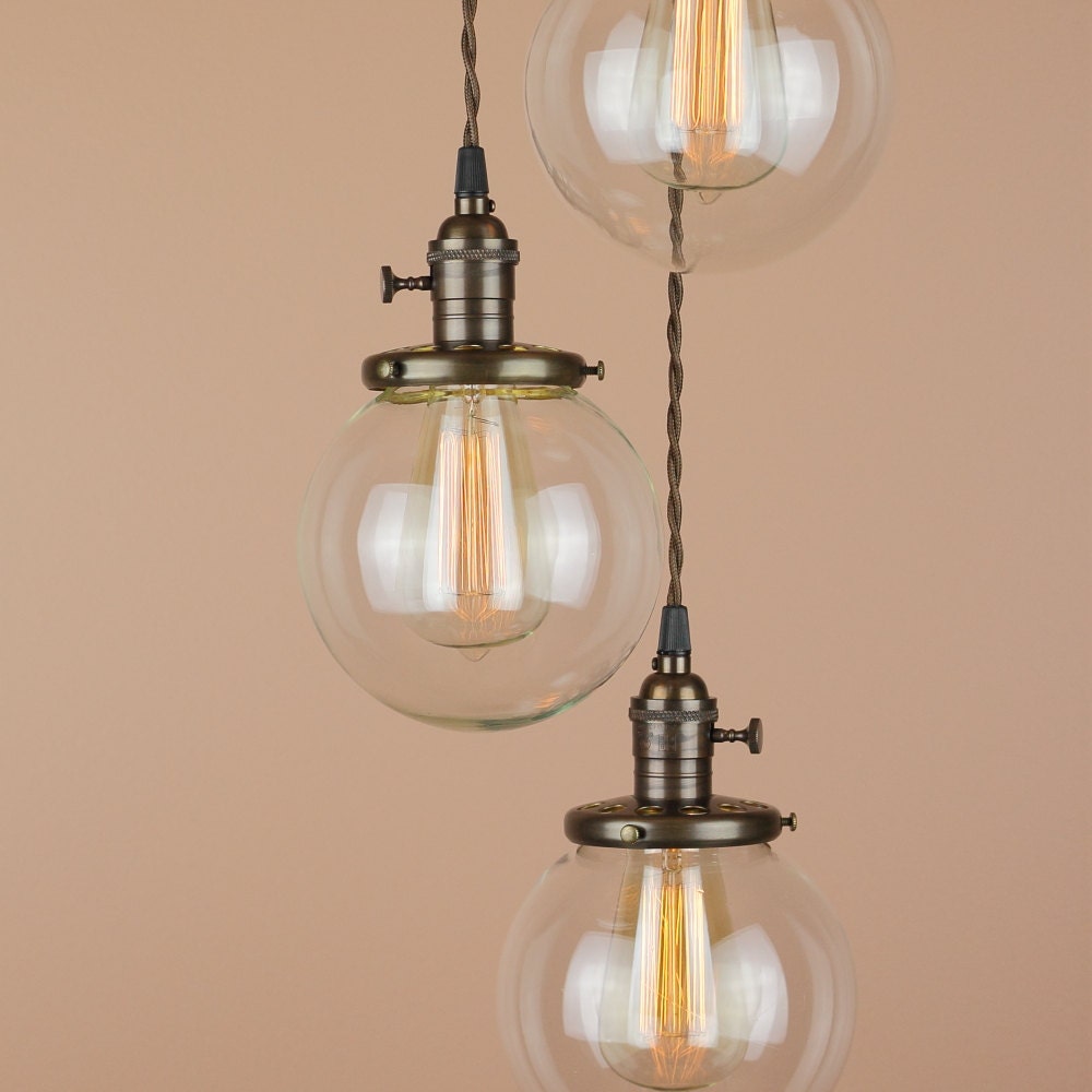 3 Light Chandelier - Cascading Pendant Lights - with 6 inch Clear Glass Globes - Oil Rubbed Bronze Finish - Edison Light Bulbs