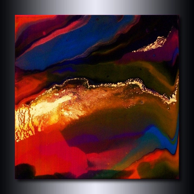 12 x 12 Abstract Print: Jewel Toned Multi Coloured Red and Ultramarine Blue