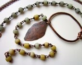 Broken Arrow - ombre long beige, gray, and blue recycled glass beads, hammered copper spear, & hoop long lariat necklace