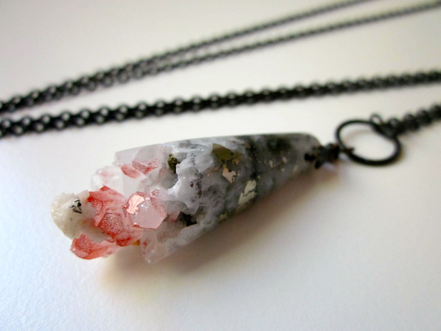 Kiss Me Black - white & pink rose quartz drusy with pyrite crystal gemstone pendant, etched jumpring, and antiqued black brass long necklace