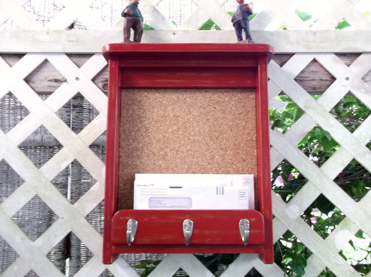 Three Hook Message Board Mail Holder Shelf.."Tomato Red Distress"..or You Choose Color..Shabby Chic Cottage