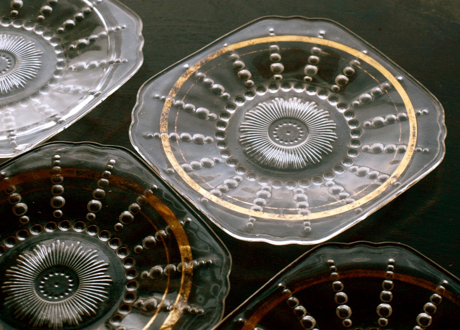 Vintage Crystal Plate Set  / Shabby Chic Depression Glass / Columbia by Federal Glass