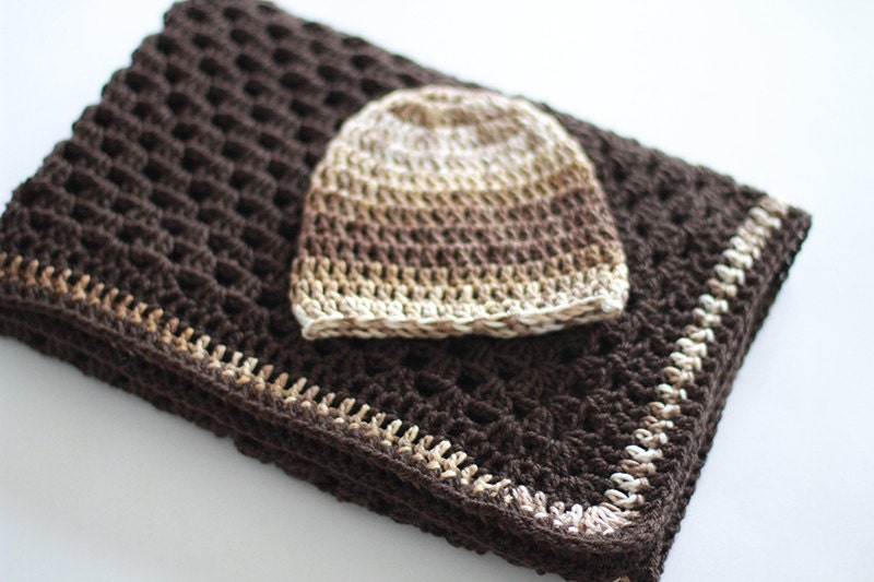 Crochet Baby Blanket / Afghan, Brown Ombre Granny Square  Blanket and Hat Newborn Baby Boy Gift
