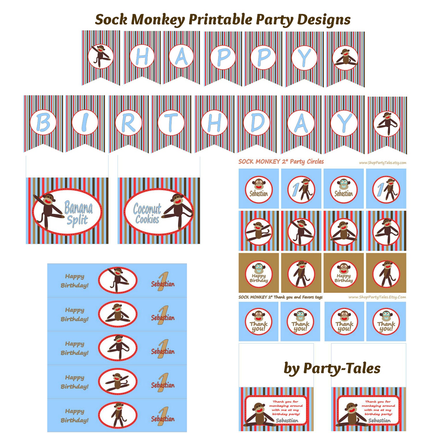 SOCK MONKEY Party circles Cupcake toppers Favors tags Happy Birthday Banner water bottle sweet food table labels Printable BOY Il_570xn