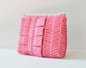 Cosmetics make up bag : Joel Dewberry chevron print in raspberry pink with ruffle.