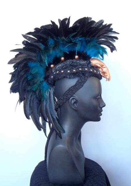 MADE TO ORDER Black & Teal Skull Feather Mohawk