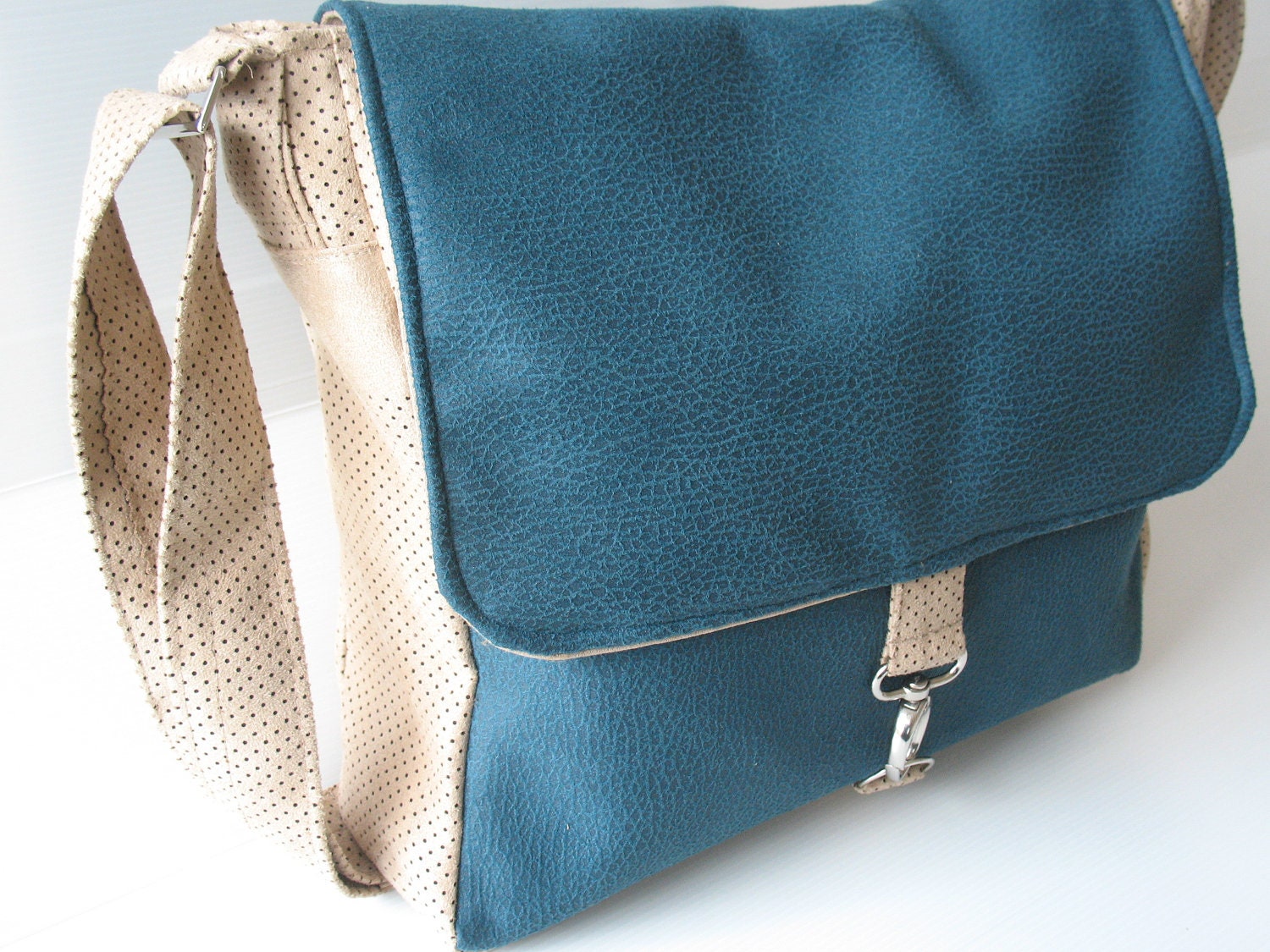 laptop messenger bag,  large vegan bag, outside pocket bag, cross body bag, beige  petrol blue messenger bag , over the shoulder bag,
