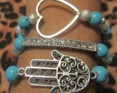 Hamsa Hand Heart Stretchy Stacked Beaded Bracelets Set Turquoise Rhinestones