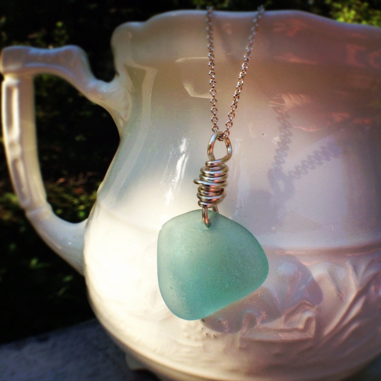 Bright Smooth Pretty Vermont Beach Glass chunk with silver plate wire wrap, Jewelry for MERMAIDS