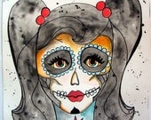 Classic Beauty Sugar Skull Inspired Watercolor Painting