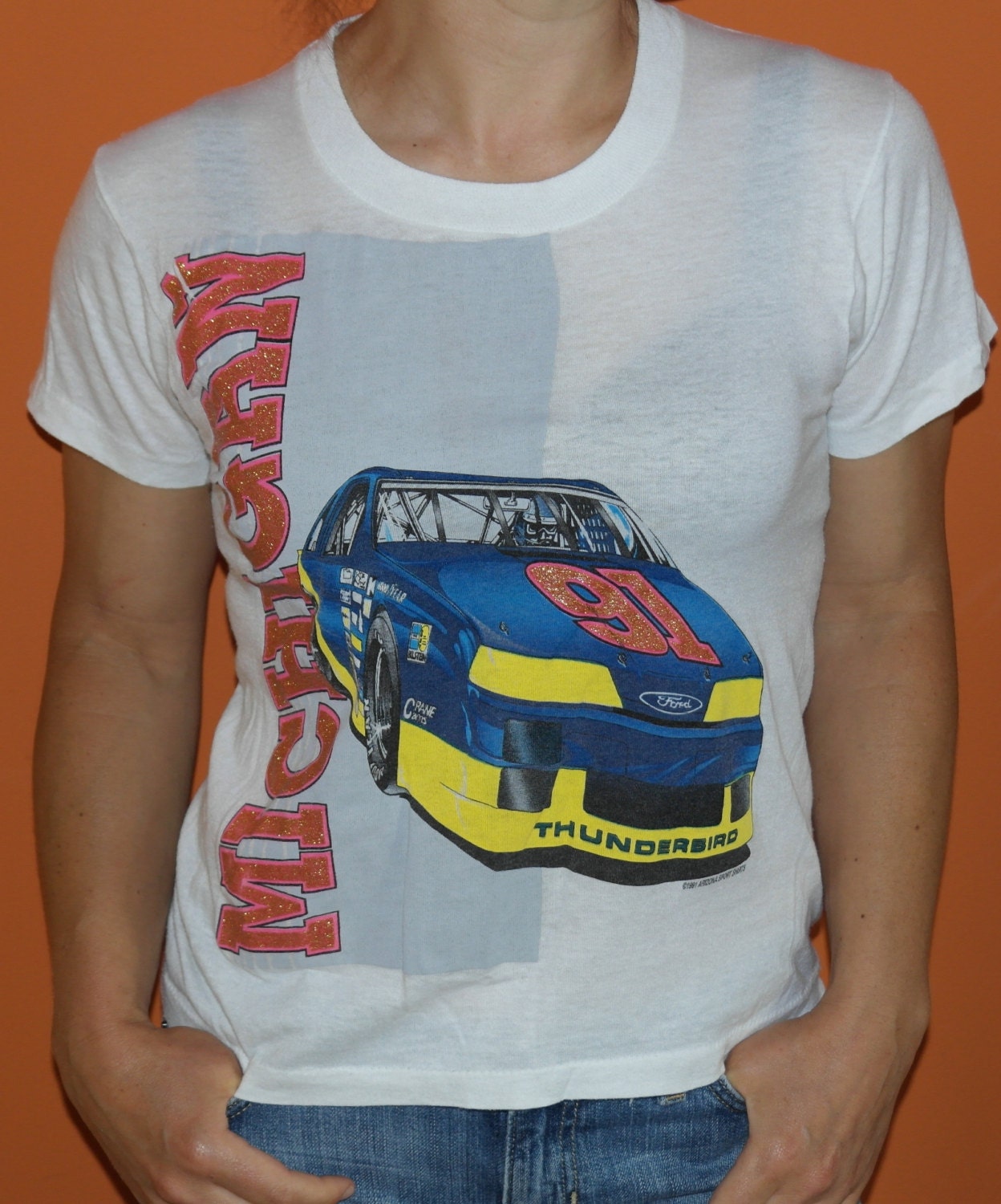Vintage 1991 Michigan NASCAR Auto Car Racing T-Shirt Glitter Sparkle 1990s
