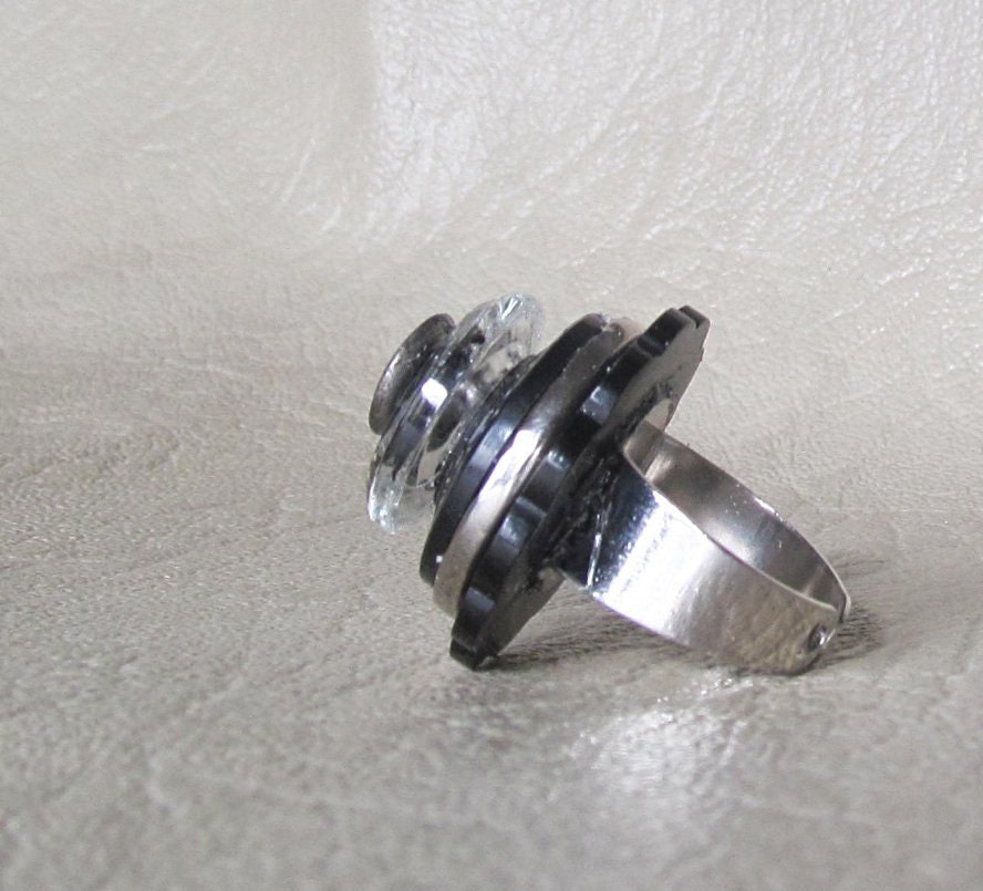 OOAK Upcycled Vintage Button Stack Ring Black Silver and Clear Glass Buttons Steampunk Jewelry