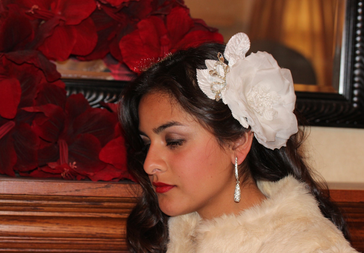 Silk  Flower with Clear Swarovski Crystals Rhinestone Velvet Leaves