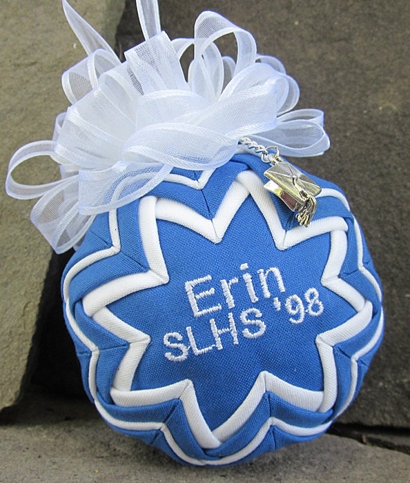 Personalized Quilted Graduation Ornament w/Pewter Graduation Cap Charm
