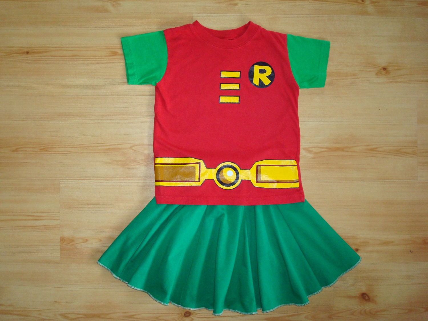 Robin Costume Girls Size 4 5 6 100% cotton t-shirt and upcycled Twinkle Twirly Skirt