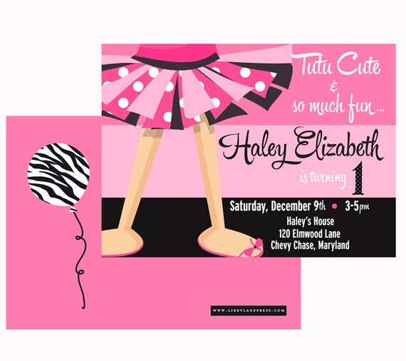 TUTUS Birthday Invitation, Ballet Party, PINK and Black Polka dots and Zebra, PRINTABLE by Libby Lane Press Il_570xn