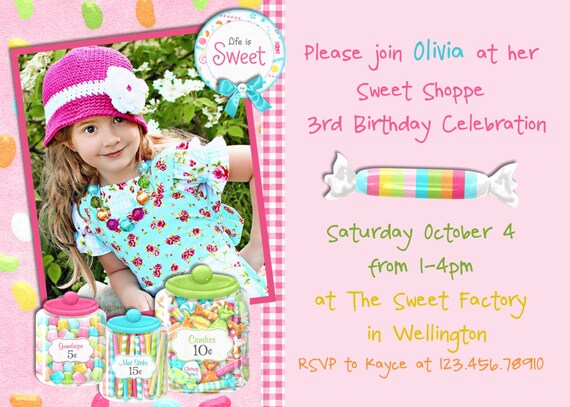 Candy Sweet Shoppe Birthday Invitation - Printable Photo Card Choose Your Color Il_570xn