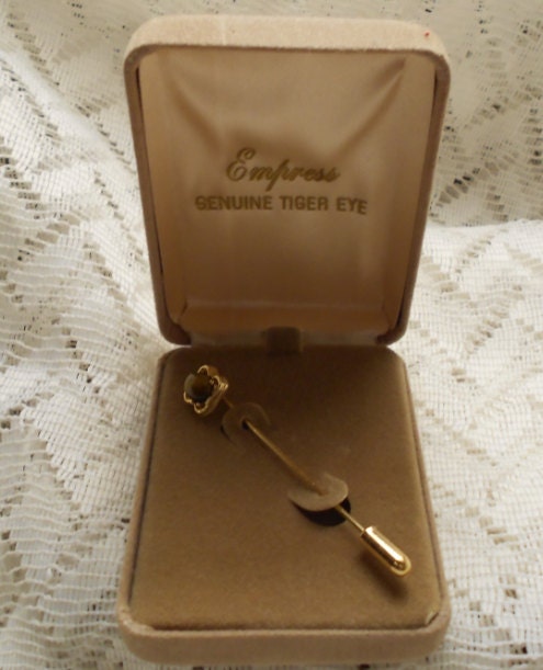 Vintage Tiger Eye Gold Tone Stick Pin with Original Box