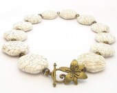 White Stone Necklace, Magnesite Beads, Flower Toggle - MoonlightShimmer