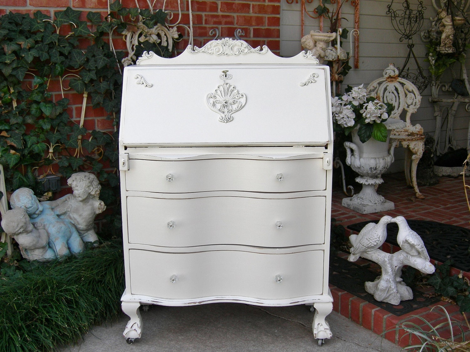 Antique Dresser Desk For Writing, Lap tops or Makeup Vanity Shabby Chic French White
