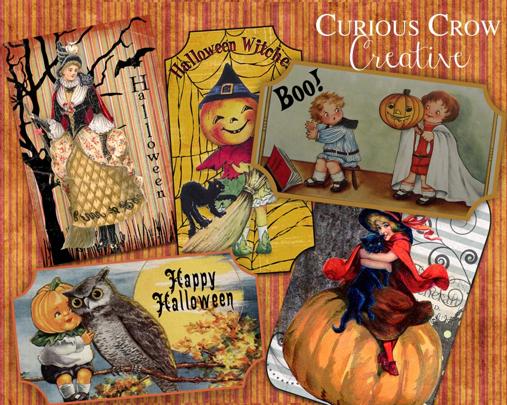 Halloween Tickets Digital Collage Sheet - Set of 10 Tickets - Vintage Graphics - Witches, Pumpkins, Owls - Printable Download