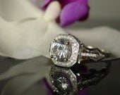 Herkimer Diamond Engagement Ring 14K White Gold With Diamond Accents Art Deco Style