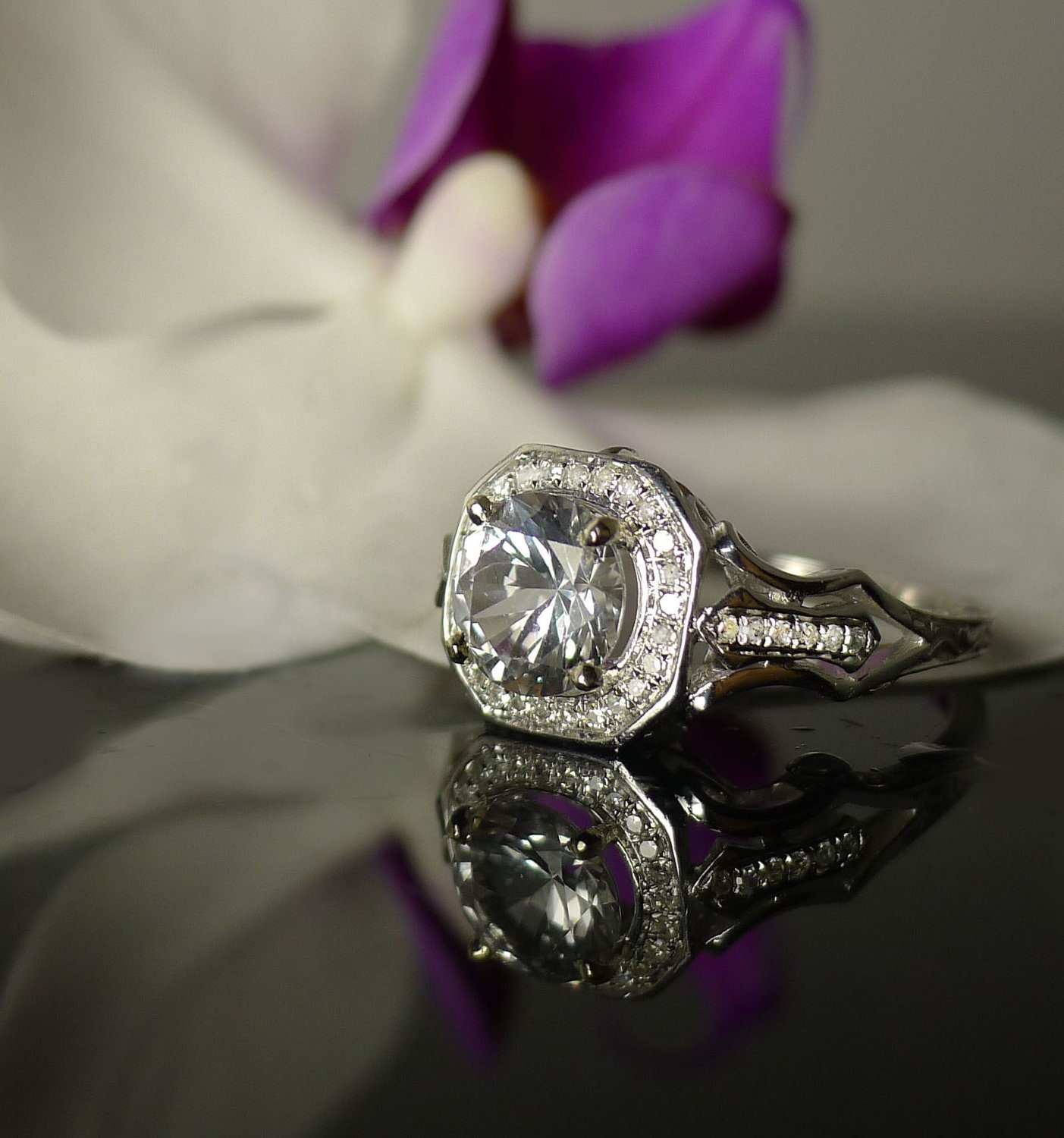 Herkimer Diamond Engagement Ring 14K White Gold With Diamond Accents Art Deco Style