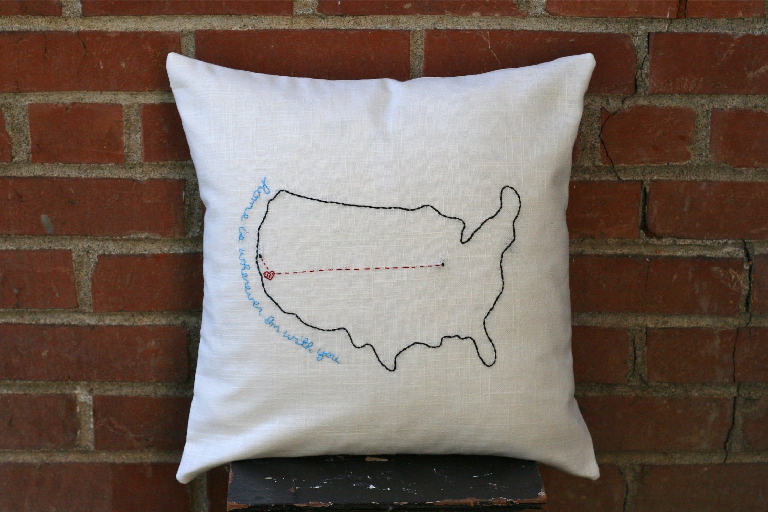 Embroidered Pillow Cover - Home Is Wherever I'm With You - Hand-Embroidered  Pillows Needlepoint on Linen