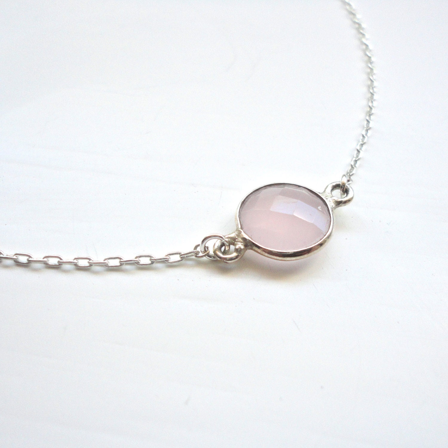 Simple Pink Necklace - Tiny Pale Pink Charm with Silver Bezel on Dainty Silver Chain - Minimalist, Feminine Jewelry - LAST ONE