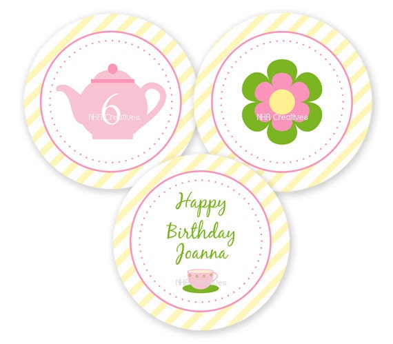 Tea Party Themed Cupcake Toppers Personalized by NHACreatives