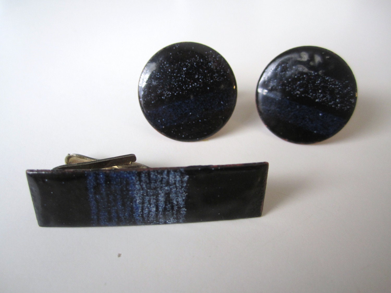 Vintage Modernist Copper and Enamel Cufflinks and Tie Clip Set // 1960s // 60s // Mad Men // Mid Century Modern