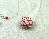 Vintage Kimono Necklace, Sterling Silver, Red and White, Geometric Pattern