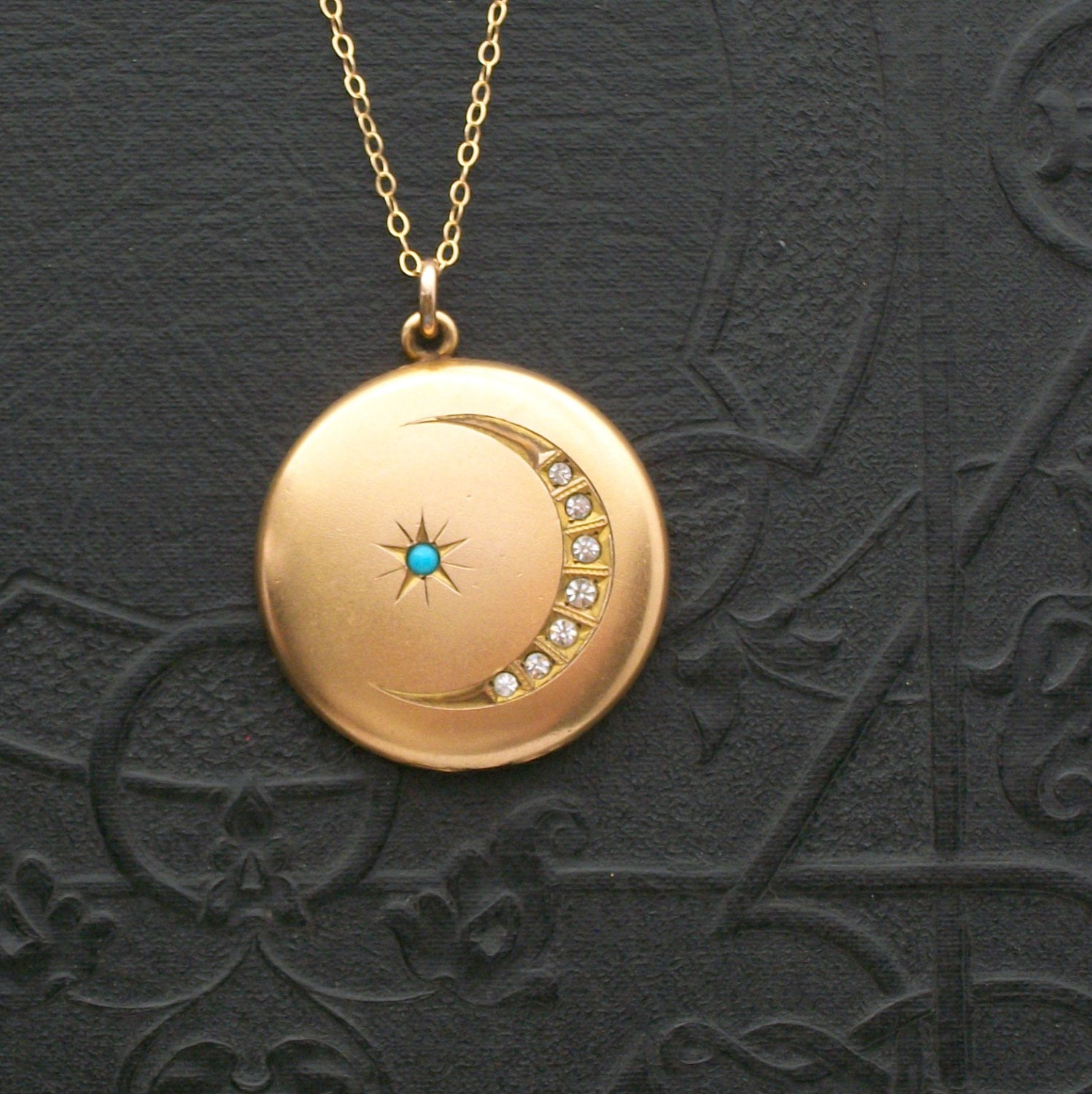 Victorian Moon & Star Locket. Turquoise Star. Bright Crescent. Carter Qvarnstrom Remington.