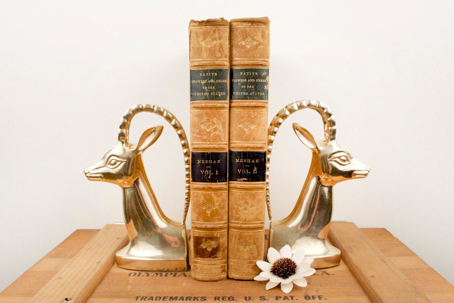 vintage brass large antelope impala head bookends