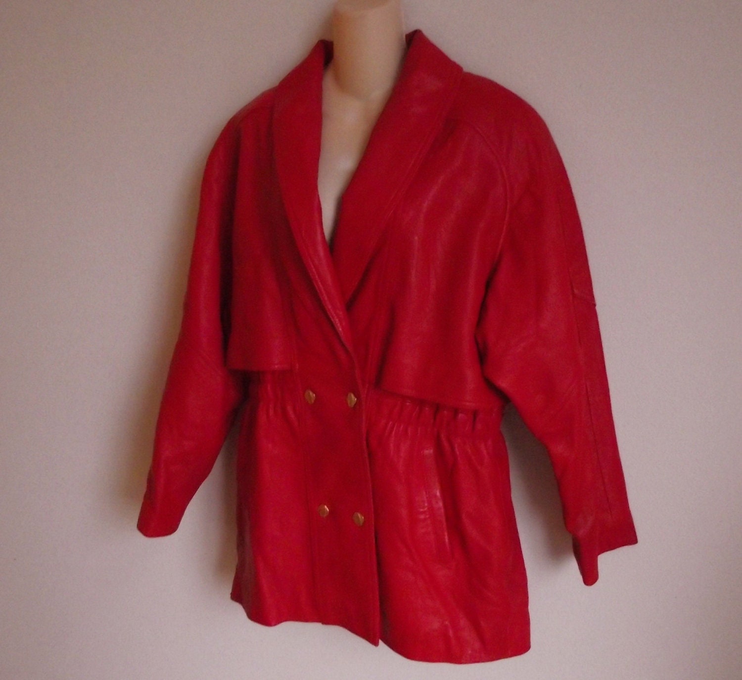 Vintage leather coat red 80's trench style  jacket L