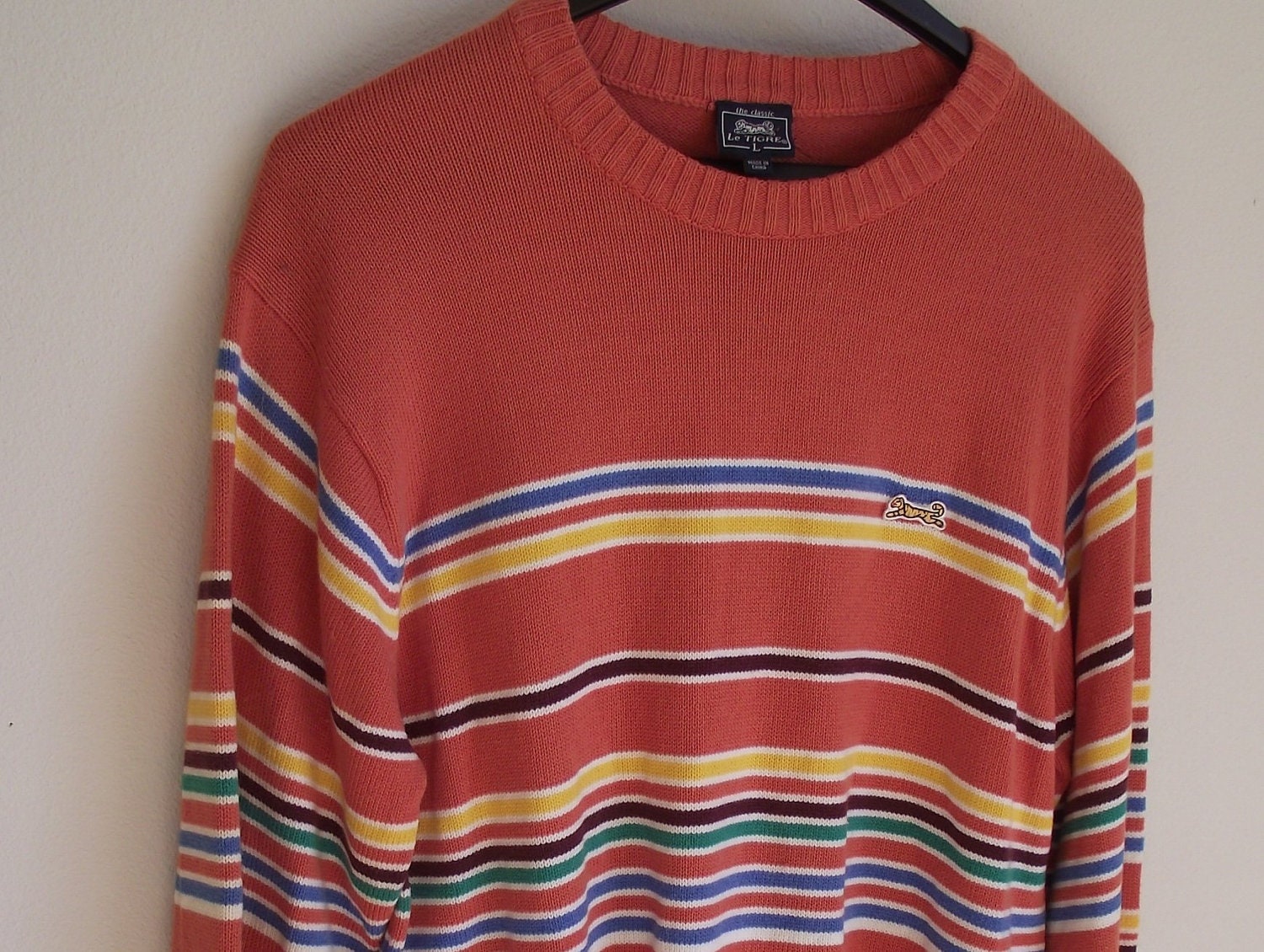 Vintage men's sweater  Le Tigre orange stripe preppy pullover L