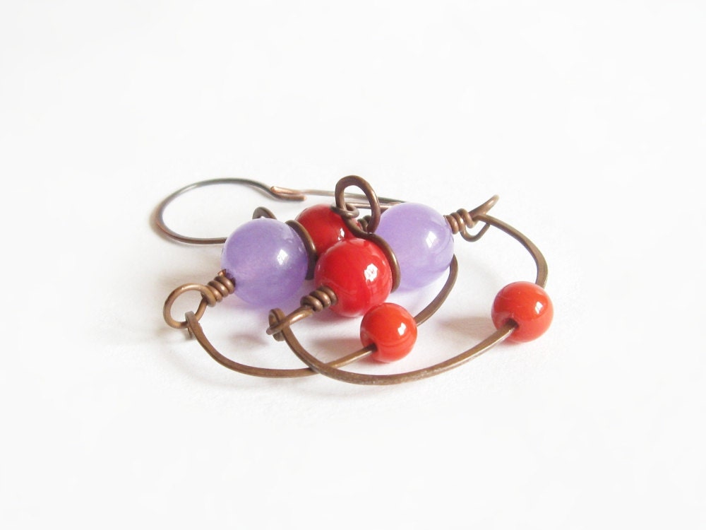 Purple red earrings dangle copper wire