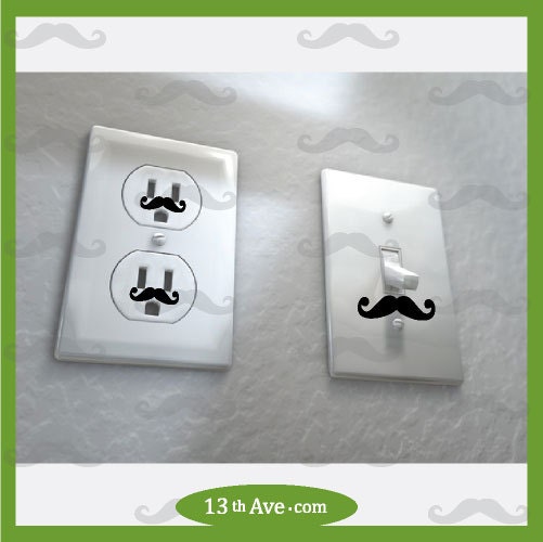 50 Mustache decals for wall outlet sockets, funny, also some for light switch covers.  any color stickers. cyber monday
