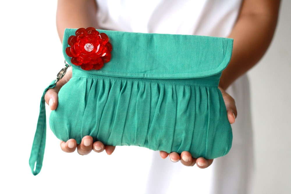 Ultramarine green clutch with red beaded flower, wedding clutch, autumn/fall fashion clutch  purse - Oyeta