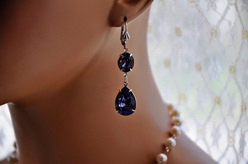 Bridal Earrings,Swarovski Crystal TANZINITE Earrings,Filigree Earrings,Purple,Dangle Earrings,Vintage Style Earrings,Gothic Earrings,HEATHER