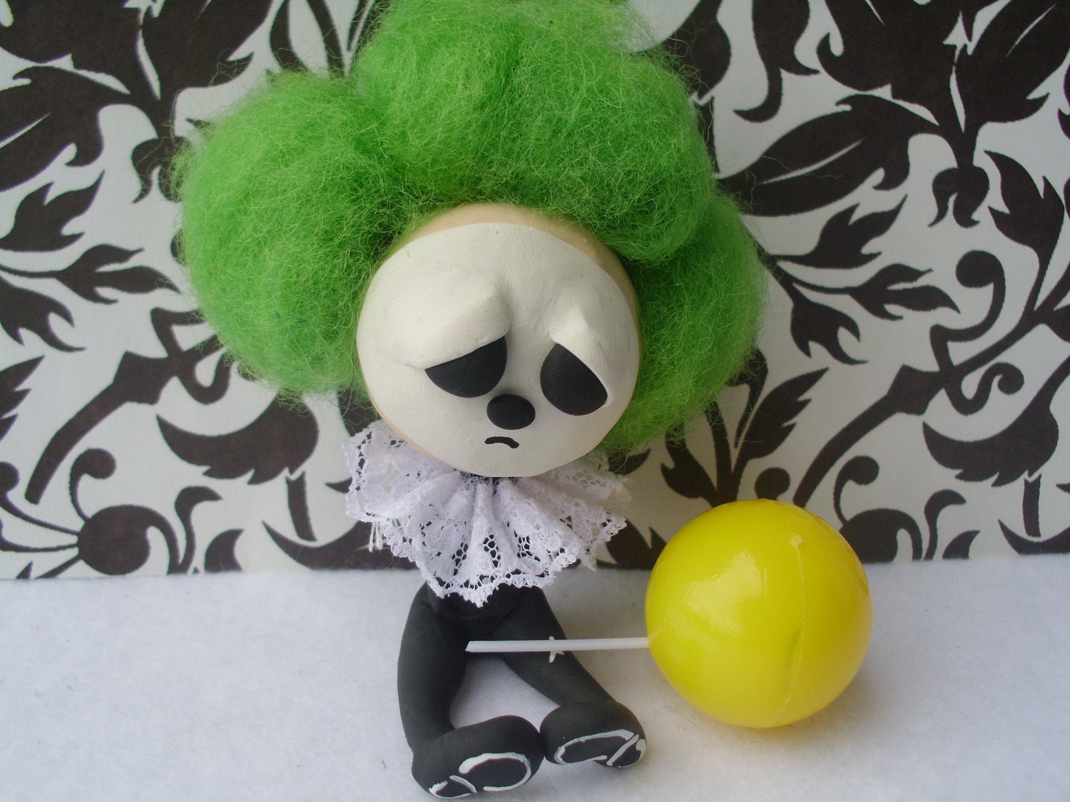 Clown Jointed Art Doll Sad Goth Gothic Green Black Ooak Polymer Clay Collectable Christmas Gift Halloween Circus Carnival