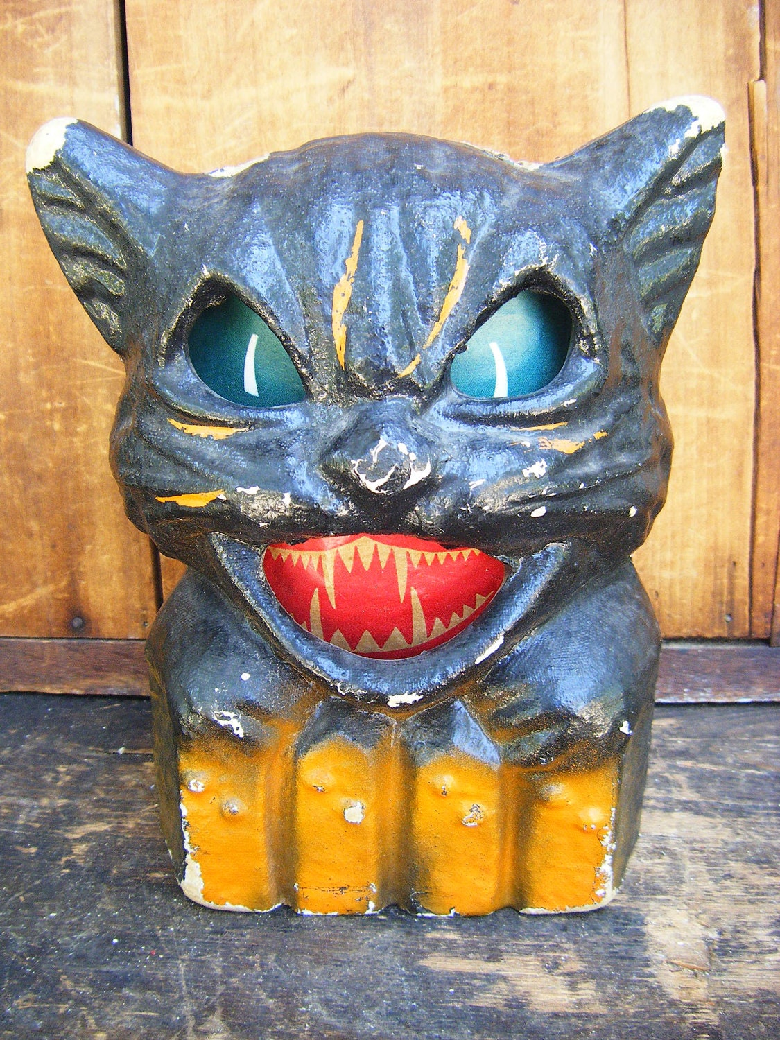 Vintage 1940's Black Cat on Fence Halloween Lantern, made with Pulp Paper Mache