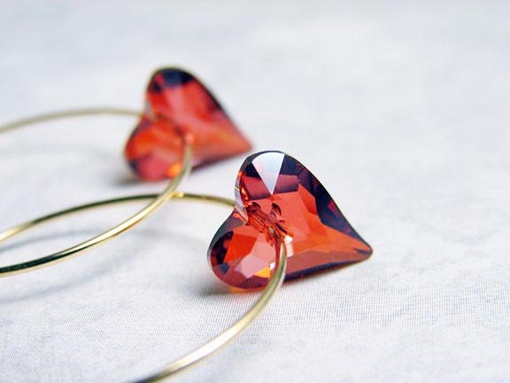 Red Heart Hoop Earrings. Swarovski Heart Charm on Gold Plated Hoop. Heart Earrings. Gift for Her