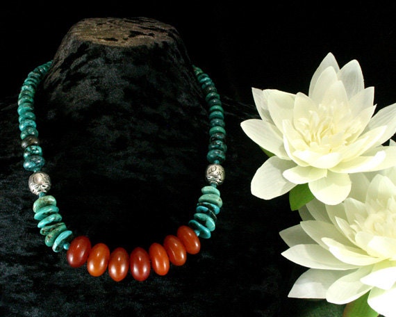 Turquoise Necklace - Chunky Beaded - African Amber - American Turquoise - Ethnic Jewelry - Statement Necklace - Beadwork - Ancient Jewelry